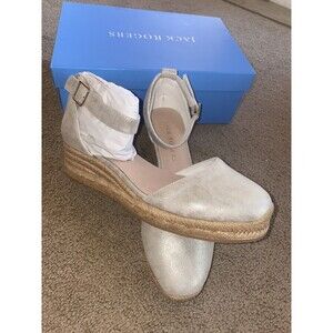 Jack Rogers Shoes 11 Metallic Linen Closed Toe Mid Wedge Palmer Platinum NEW